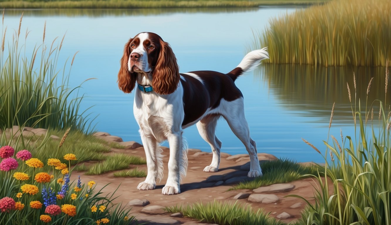 A female American Water Spaniel standing by a calm lake, surrounded by tall grass and colorful wildflowers