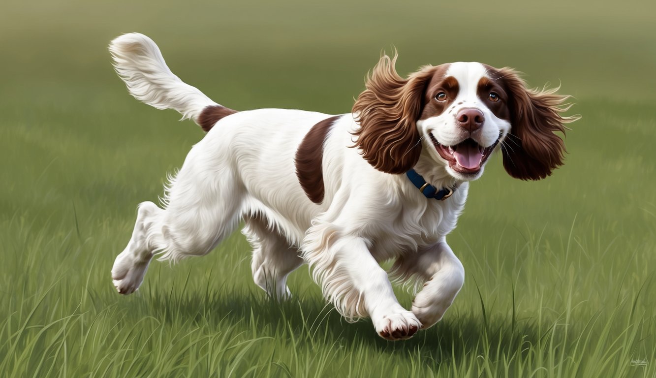 A happy American Water Spaniel playing in a grassy field, with a wagging tail and a playful expression