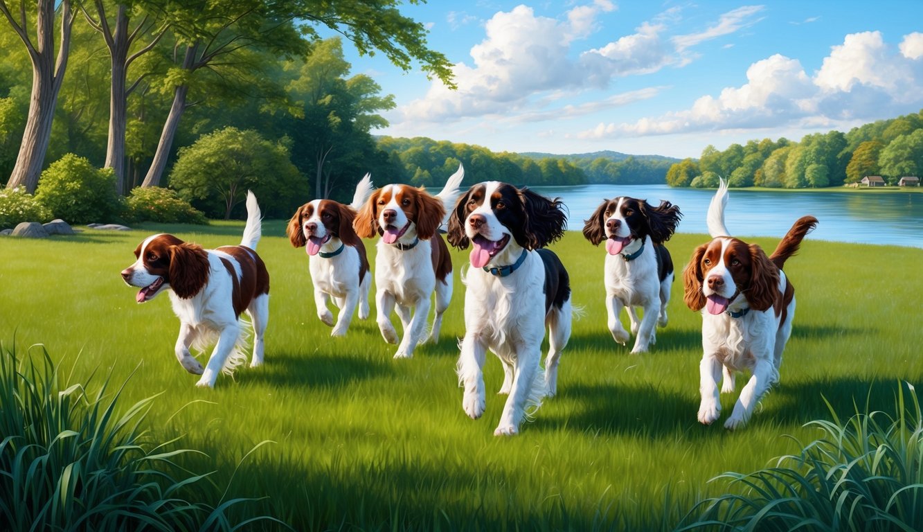 A group of American Water Spaniels playing in a lush, green field by a tranquil lake