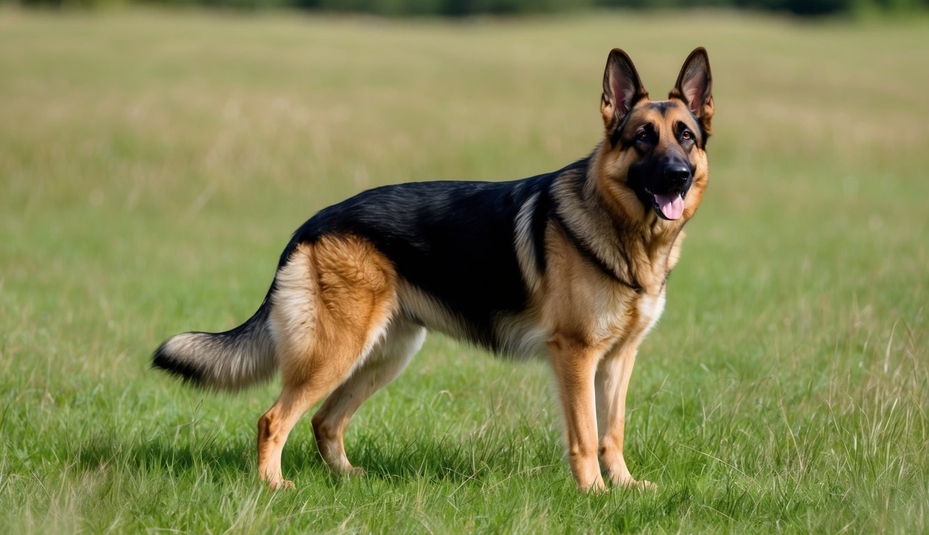 A German Shepherd standing proudly in a grassy field, ears perked and tail wagging