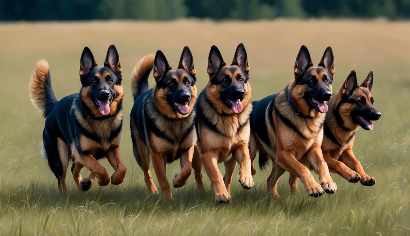 A pack of German Shepherds romping in a grassy field