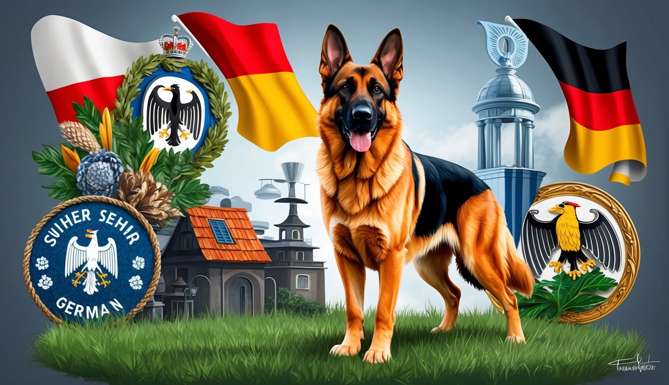 A German shepherd standing proudly, surrounded by a mix of traditional and modern German elements, with a strong and confident demeanor