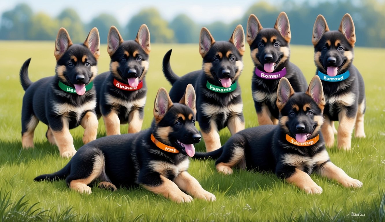 A group of German Shepherd puppies playing in a grassy field, with their names written on colorful tags around their necks