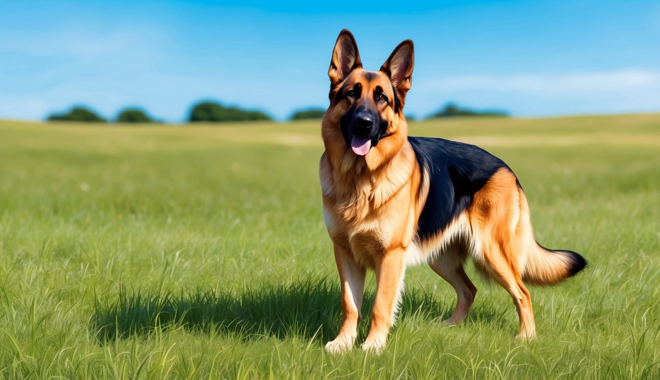 A German Shepherd standing in a grassy field, with a bright blue sky in the background, looking alert and noble
