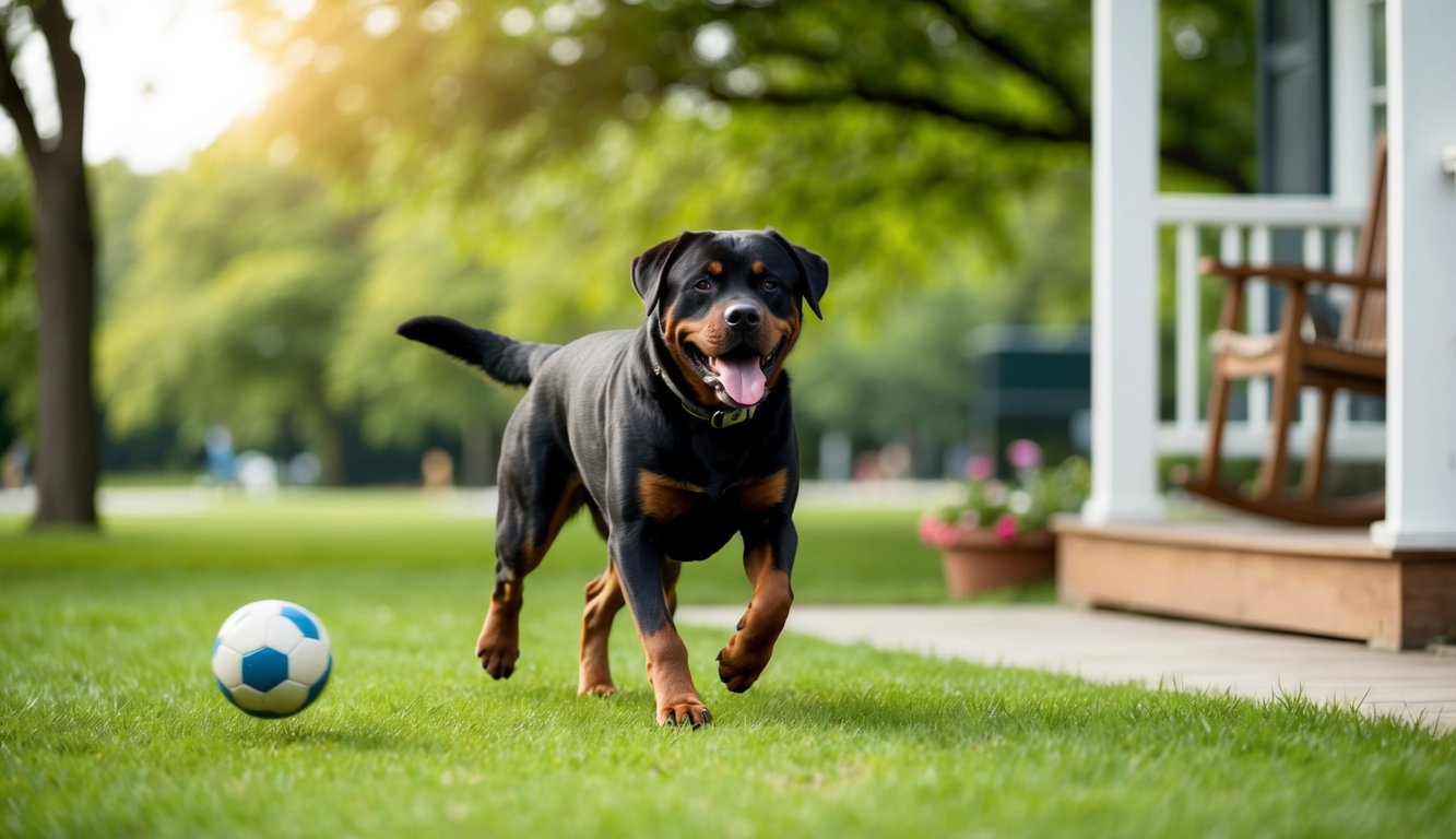 A Rottweiler running through a park, playing fetch with its owner, and then lounging on the porch