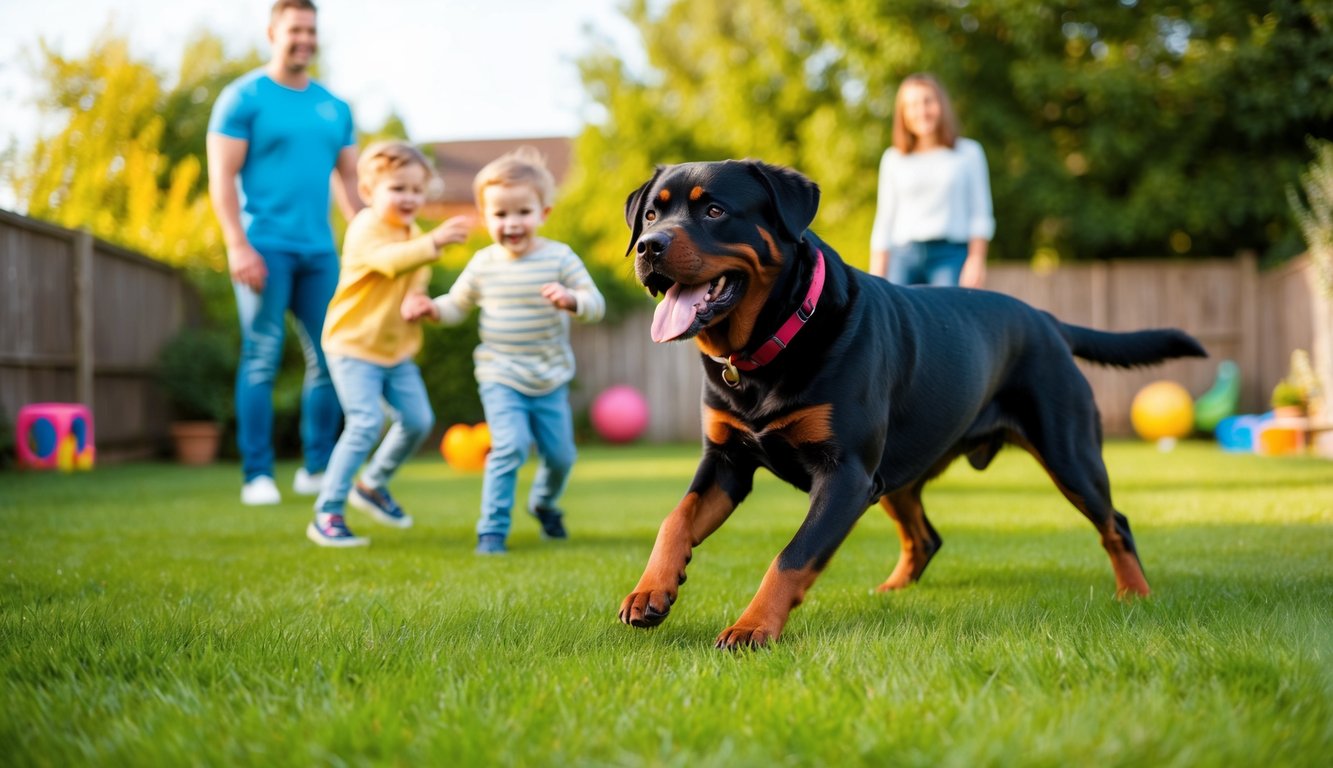 A Rottweiler playing with children in a backyard, wagging its tail happily as the family watches from a distance