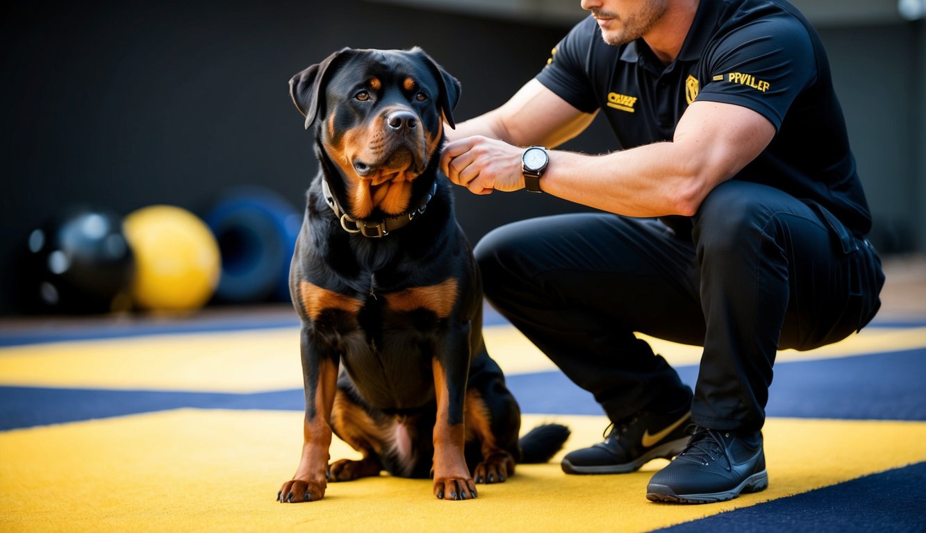 A Rottweiler sits attentively beside a trainer, focused on following commands in a training class