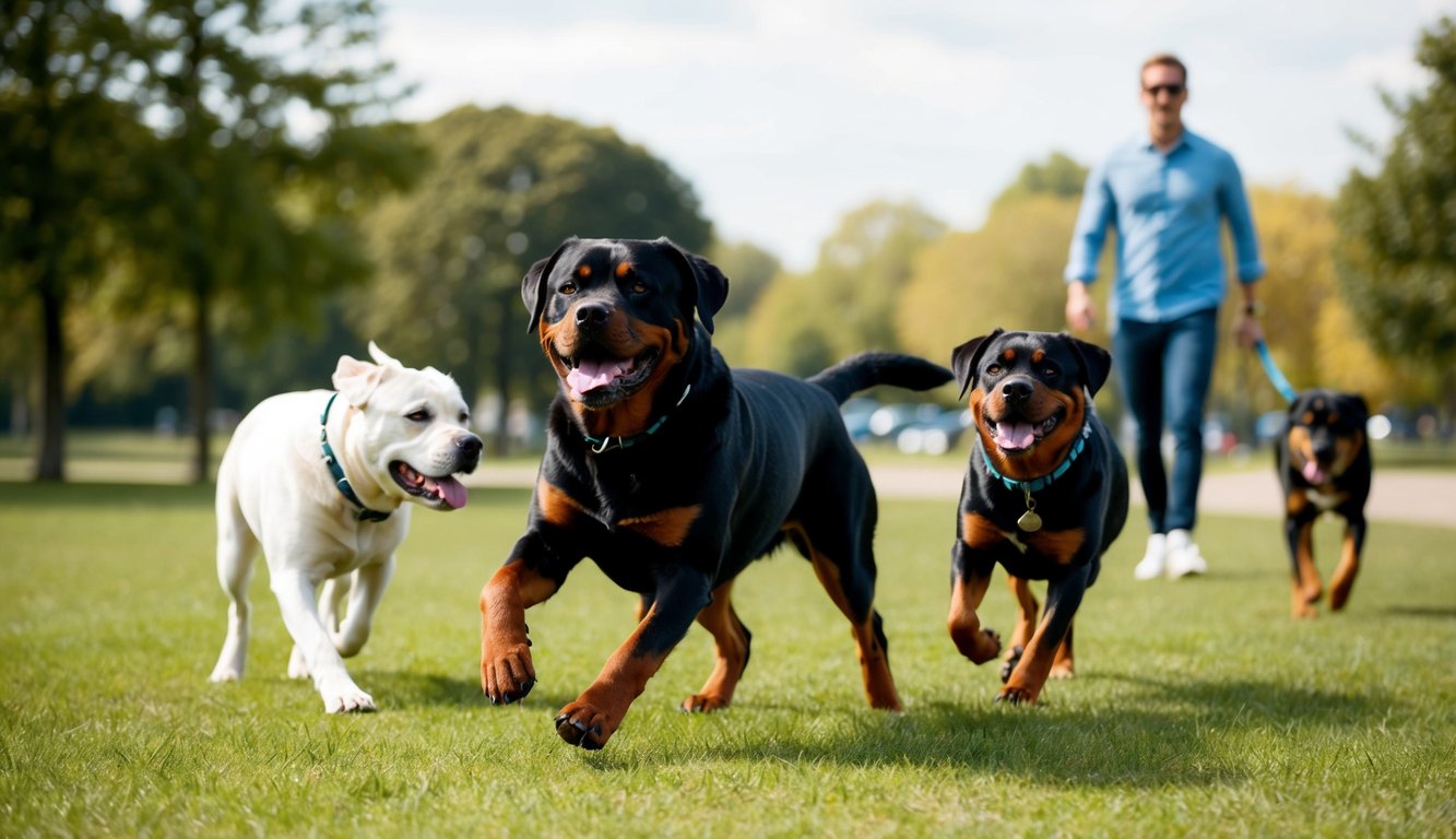 A Rottweiler playing in a park with other dogs, while its owner watches from a distance