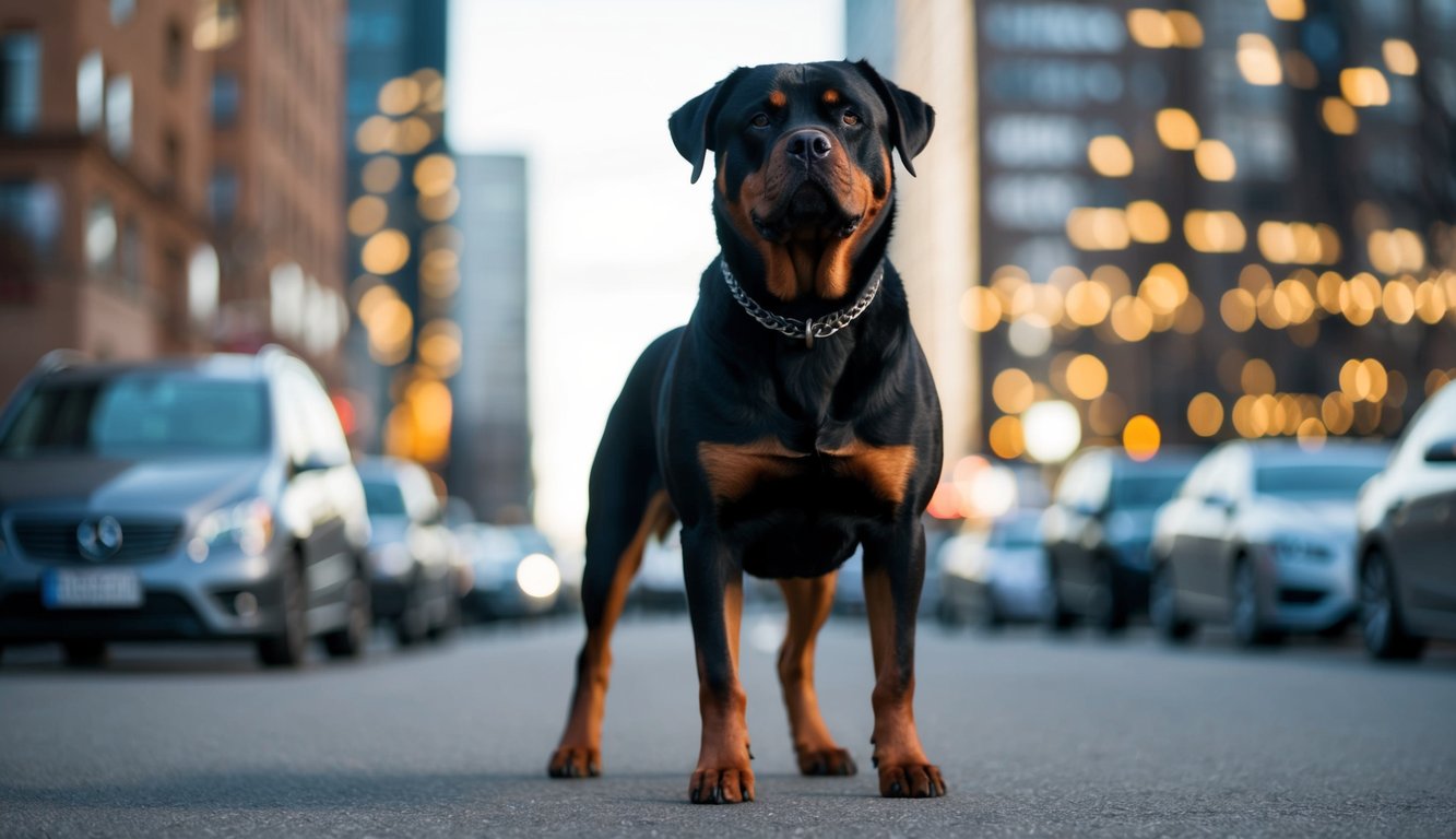 A Rottweiler standing proudly, with a strong and muscular build, exuding confidence and loyalty