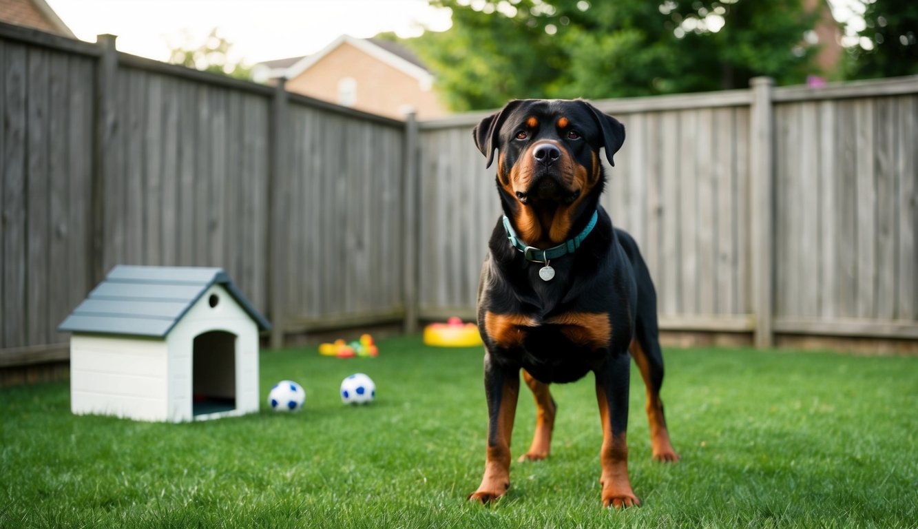 A Rottweiler stands proudly in a backyard, surrounded by a sturdy fence, with a dog house and toys scattered around