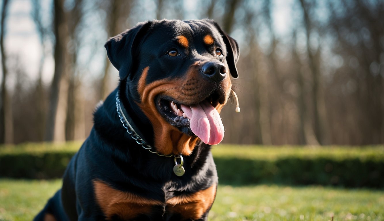 A Rottweiler sitting with a drool hanging from its mouth, looking alert and attentive