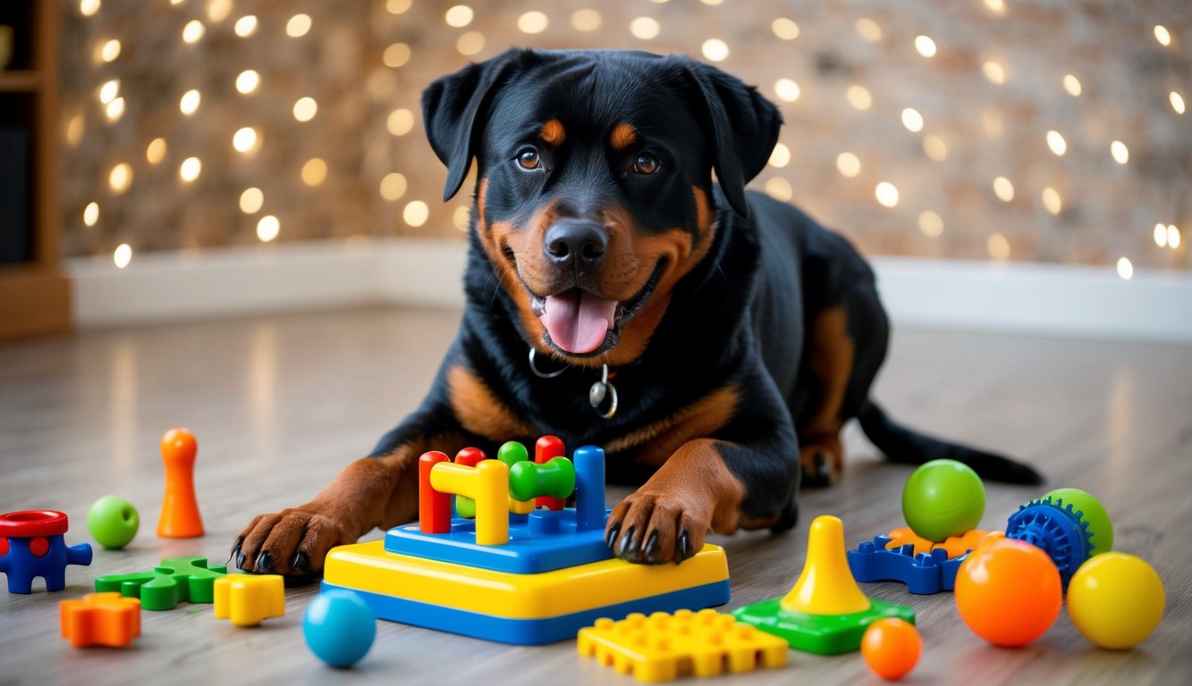 A Rottweiler playing with a puzzle toy, surrounded by various mental stimulation activities such as interactive toys, puzzle games, and chew toys