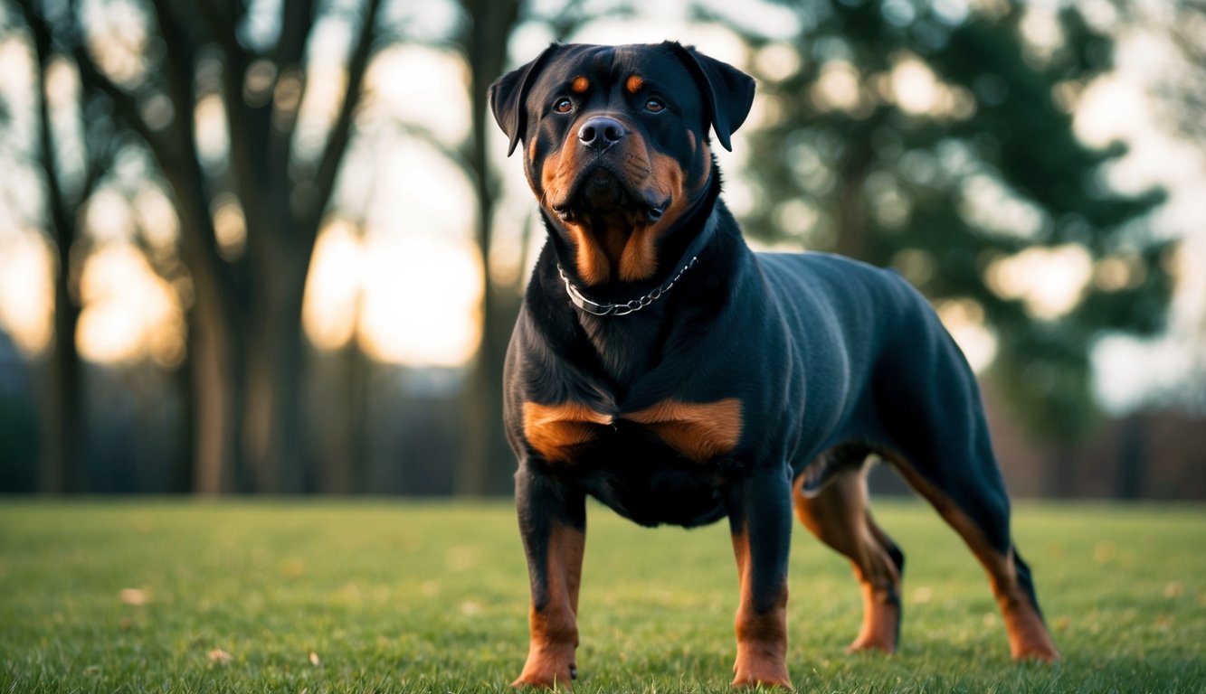 A Rottweiler standing confidently, head held high, with a determined look in its eyes. Its strong and muscular build exudes power and confidence