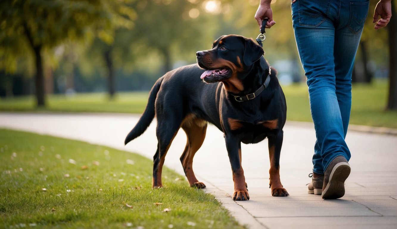 A Rottweiler nuzzles its owner's leg, gazing up with adoring eyes as they walk together through a peaceful park