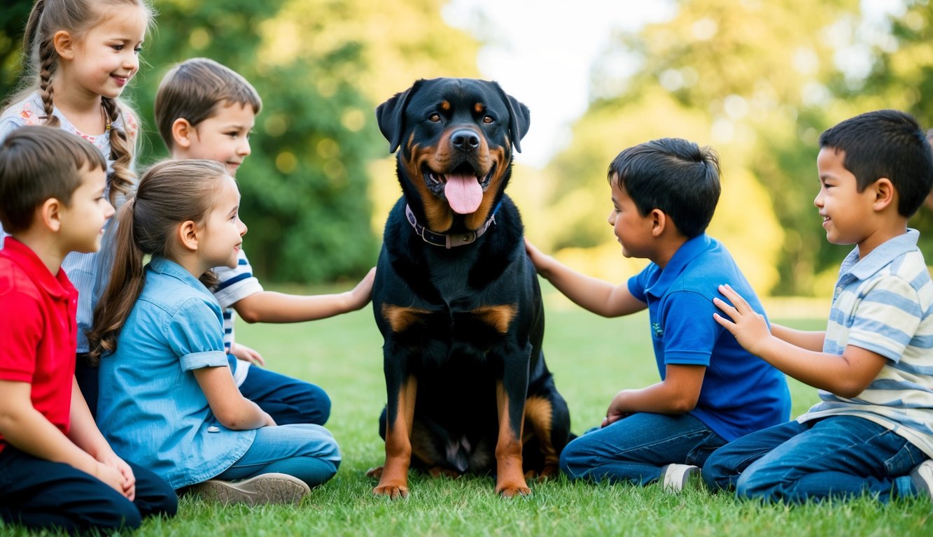 A Rottweiler calmly sitting among a group of children, wagging its tail and being petted by them