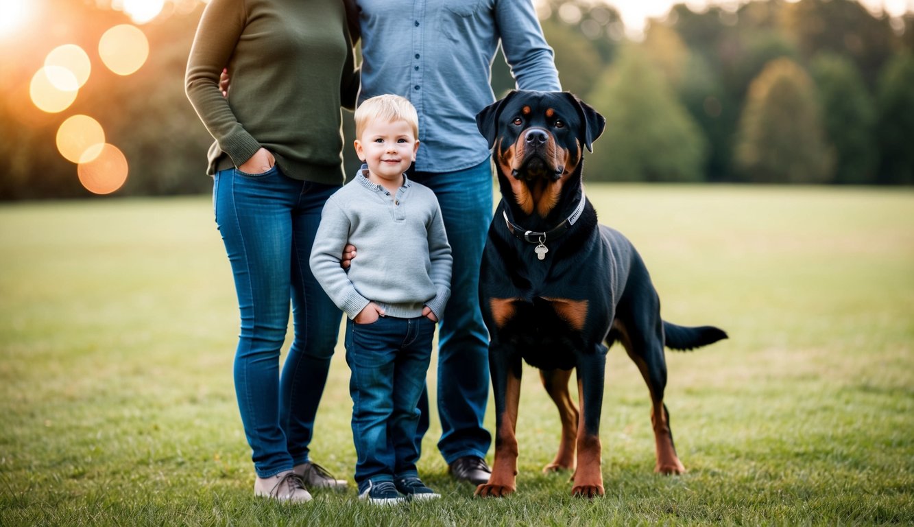 A Rottweiler standing proudly next to a family, exuding loyalty and protection
