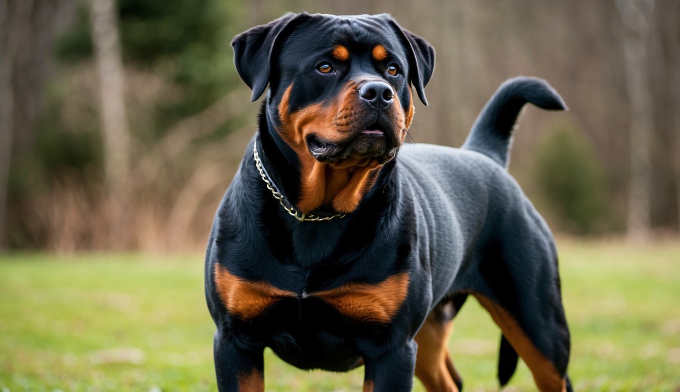 A Rottweiler standing confidently, with a strong and muscular build, alert expression, and a shiny black coat with distinctive rust-colored markings