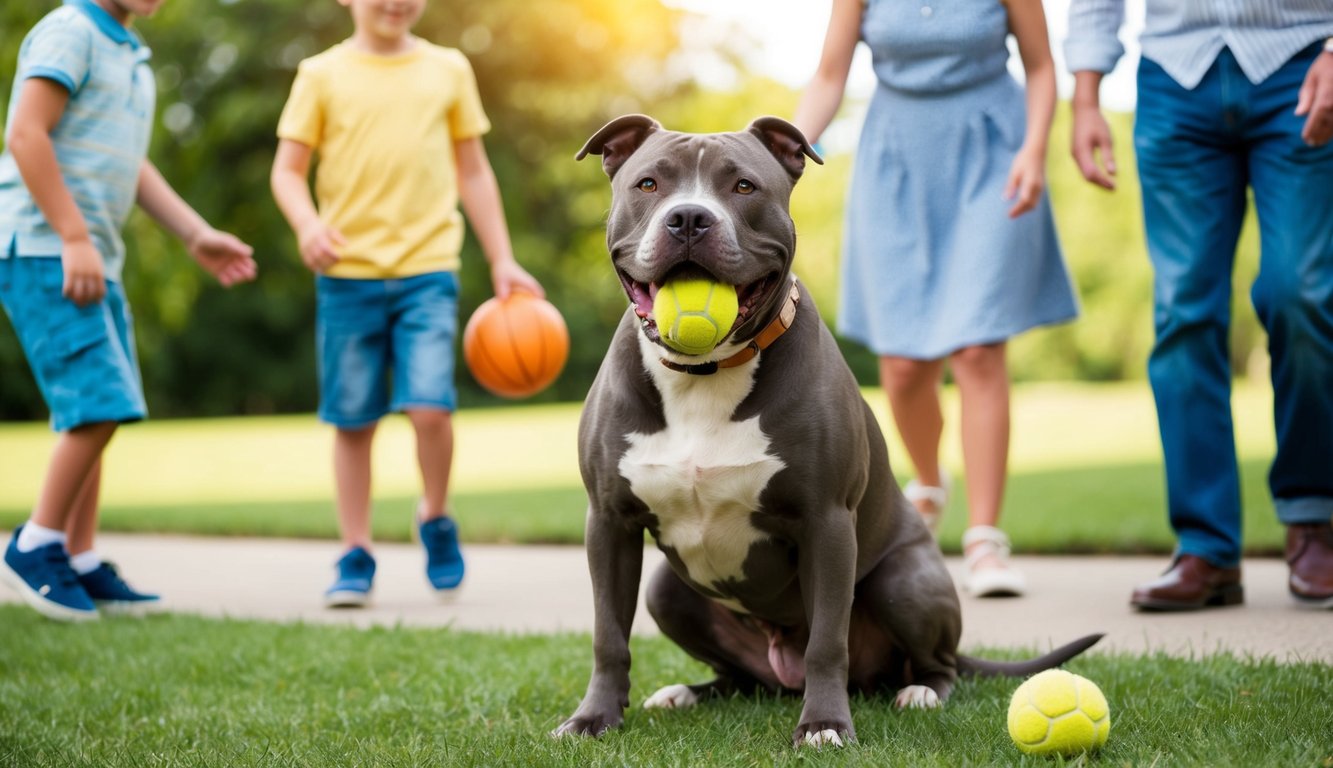 A pitbull sits proudly, wagging its tail with a ball in its mouth. Children play around it, while an elderly couple walks by, smiling at the friendly dog