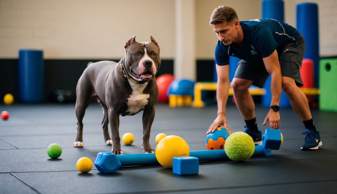 A pitbull stands confidently, surrounded by toys and training equipment. A trainer watches closely, while the dog demonstrates obedience and agility