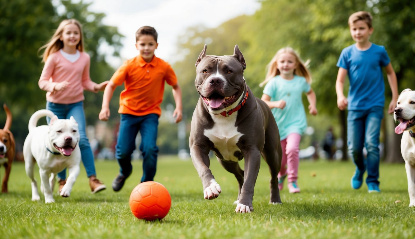 A pitbull playing fetch with its owner in a park, surrounded by happy children and other dogs