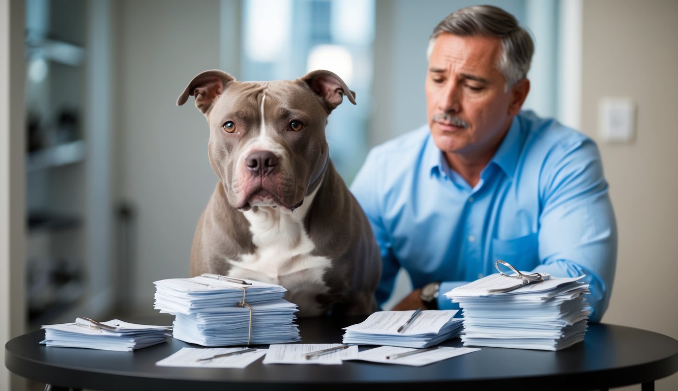 A pitbull sits beside a table stacked with medical bills, with a concerned owner looking at them
