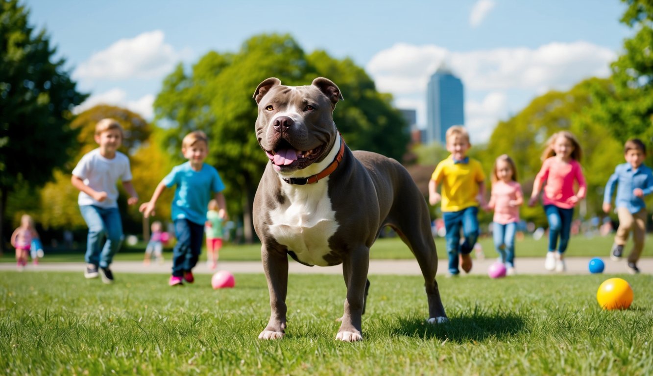 A pitbull stands proudly, ears perked and tail wagging, surrounded by children playing and a family enjoying a sunny day in the park