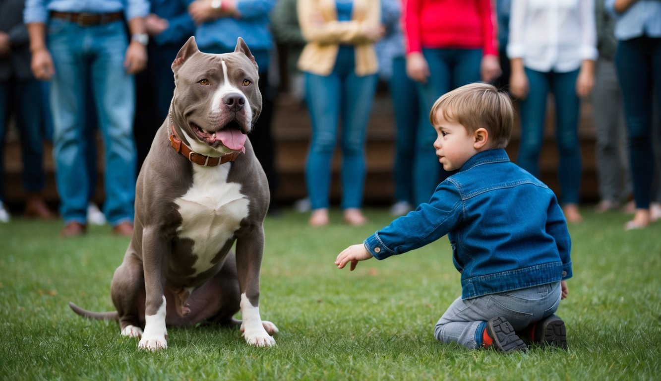 A pitbull sits calmly beside a child, wagging its tail. In the background, a group of people look on with apprehension
