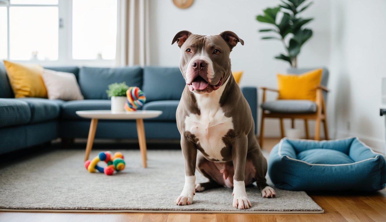 A pitbull sitting calmly in a cozy apartment living room, with a chew toy and a comfortable dog bed nearby