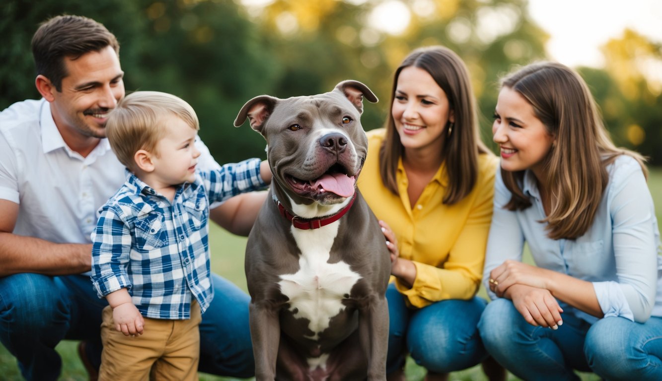 A pitbull nuzzles a child, tail wagging, as the family looks on with smiles