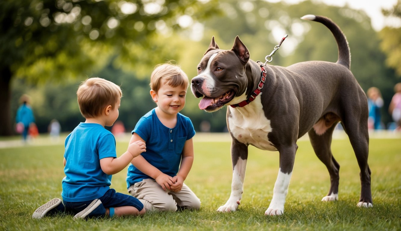 A pitbull playing gently with children in a park, showing affection and protectiveness