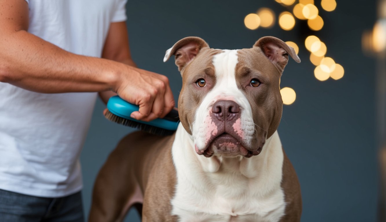 A pitbull being groomed by its owner, shedding hair while the owner brushes it