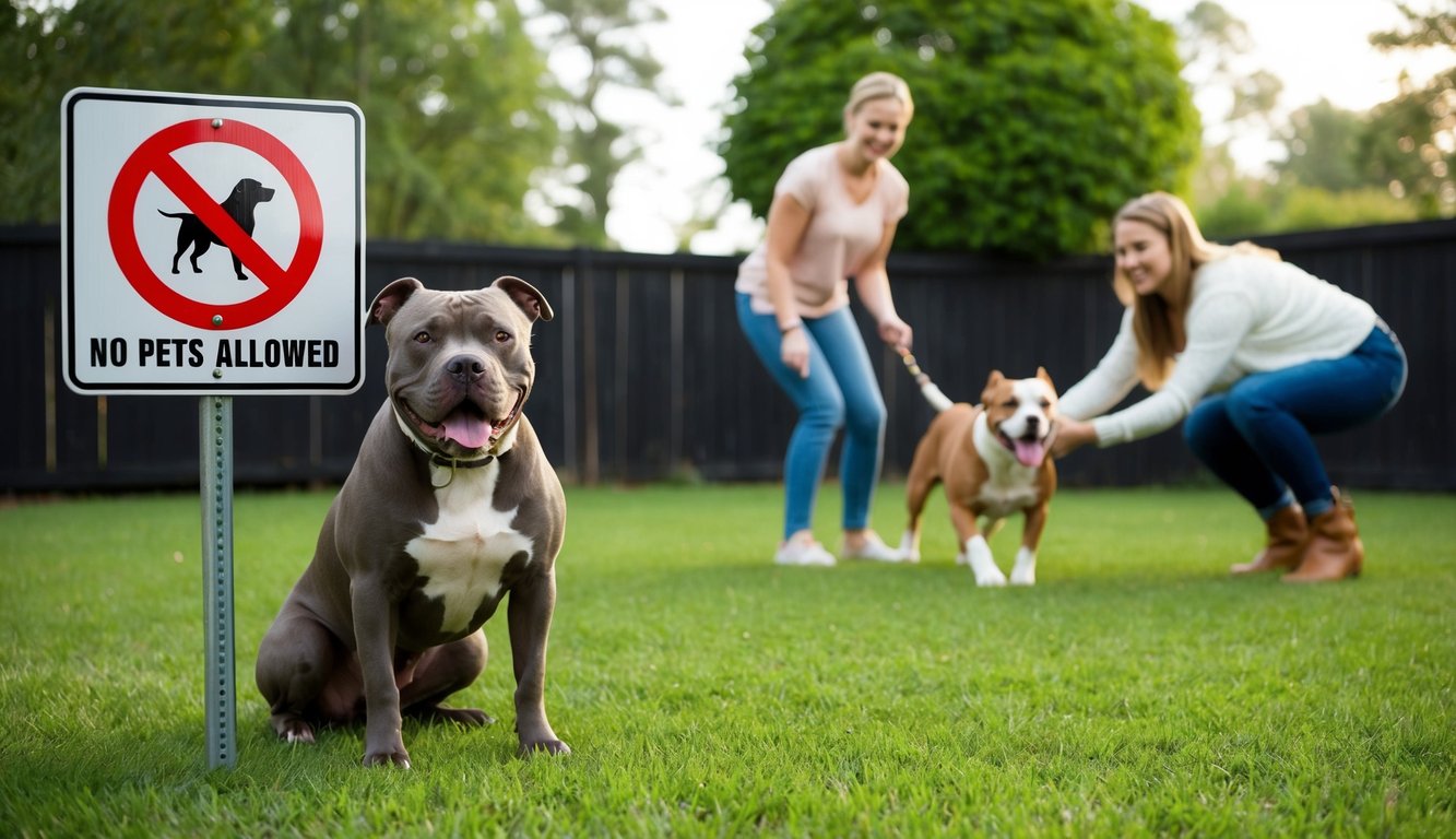 A pitbull sits obediently next to a "no pets allowed" sign, while a family plays happily with their pitbull in a fenced yard