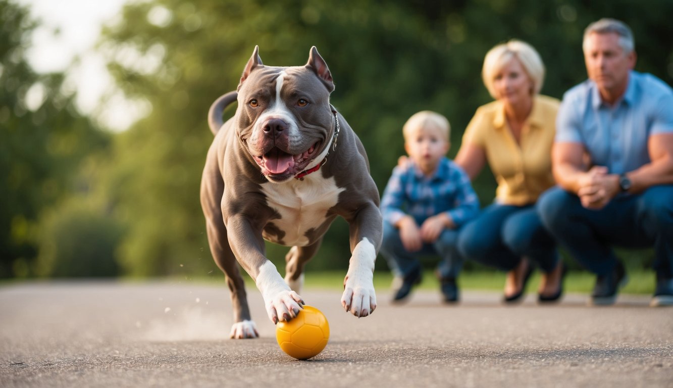 A pitbull eagerly chases after a toy, muscles taut and focused, while a family looks on with pride and concern