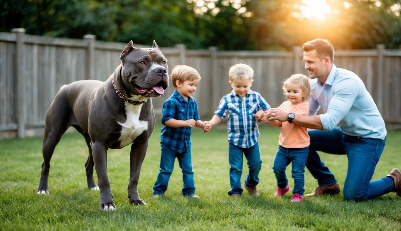 A muscular pitbull stands proudly beside a family, playing with children in a fenced backyard. The dog exudes strength and loyalty, while the family enjoys the breed's affection and protective nature