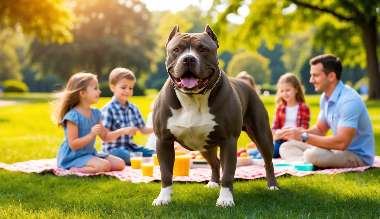 A muscular pitbull stands proudly, surrounded by children playing and a family enjoying a peaceful picnic in a sunny park