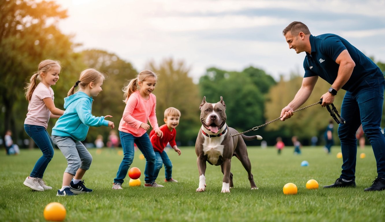 A pitbull playing with a group of children in a park, while another pitbull is being trained by its owner
