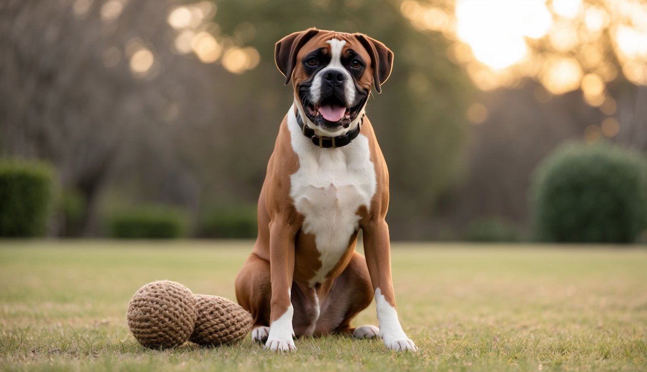 A boxer dog sitting next to a chewed-up toy, with a happy expression and wagging tail
