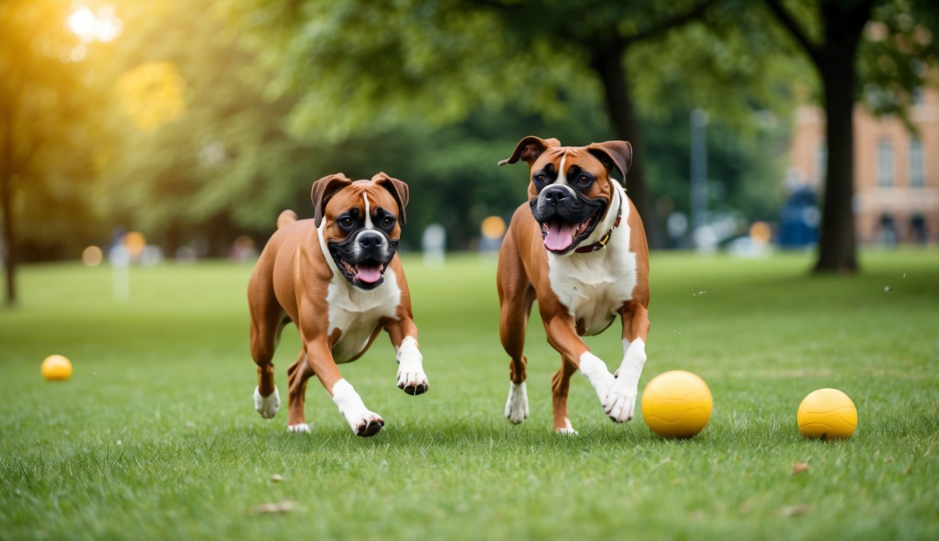 A boxer dog running through a park, playing fetch with its owner, and then panting happily after a good workout