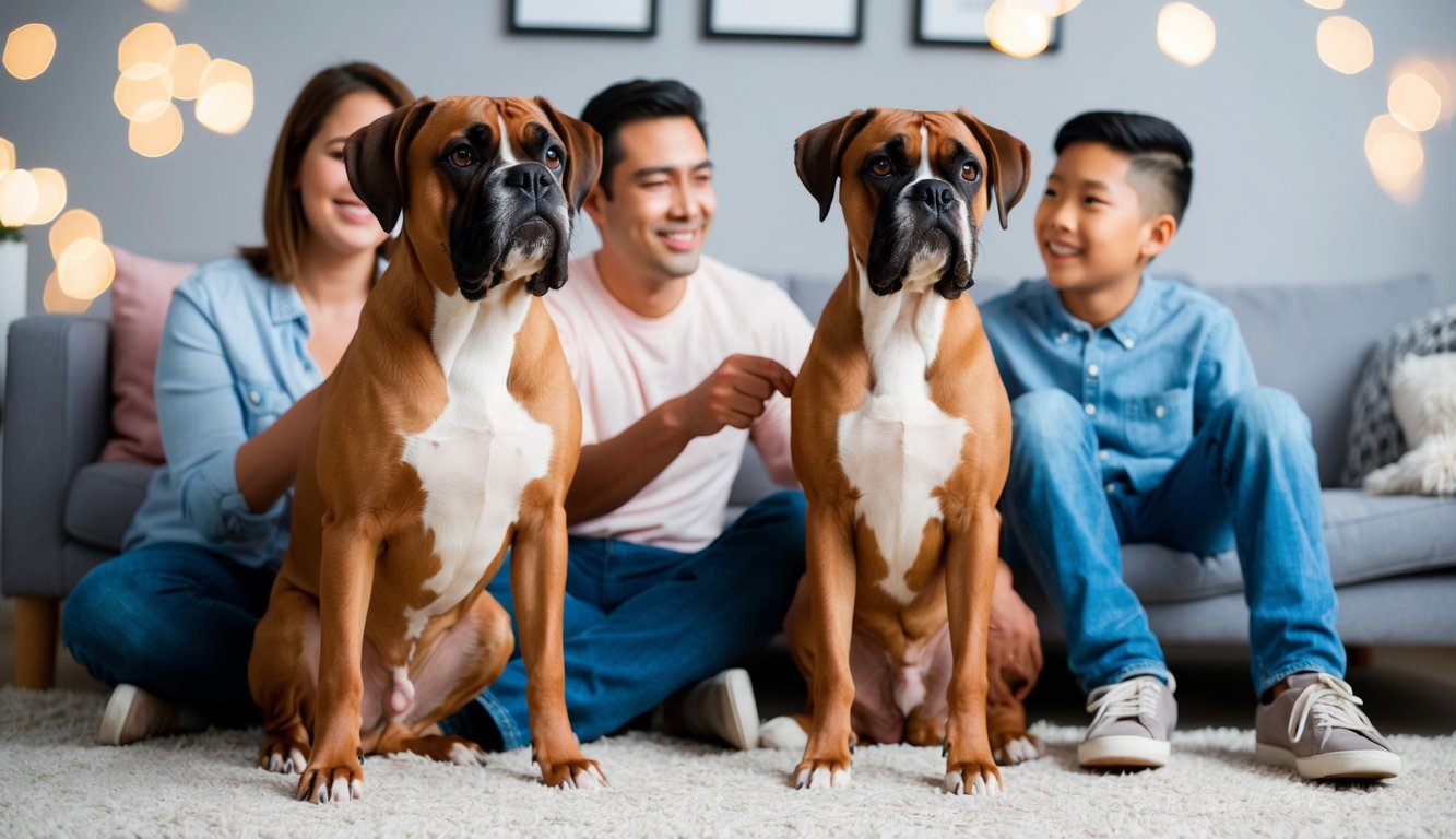 A boxer dog sitting obediently beside a family, wagging its tail and looking up at them with adoring eyes