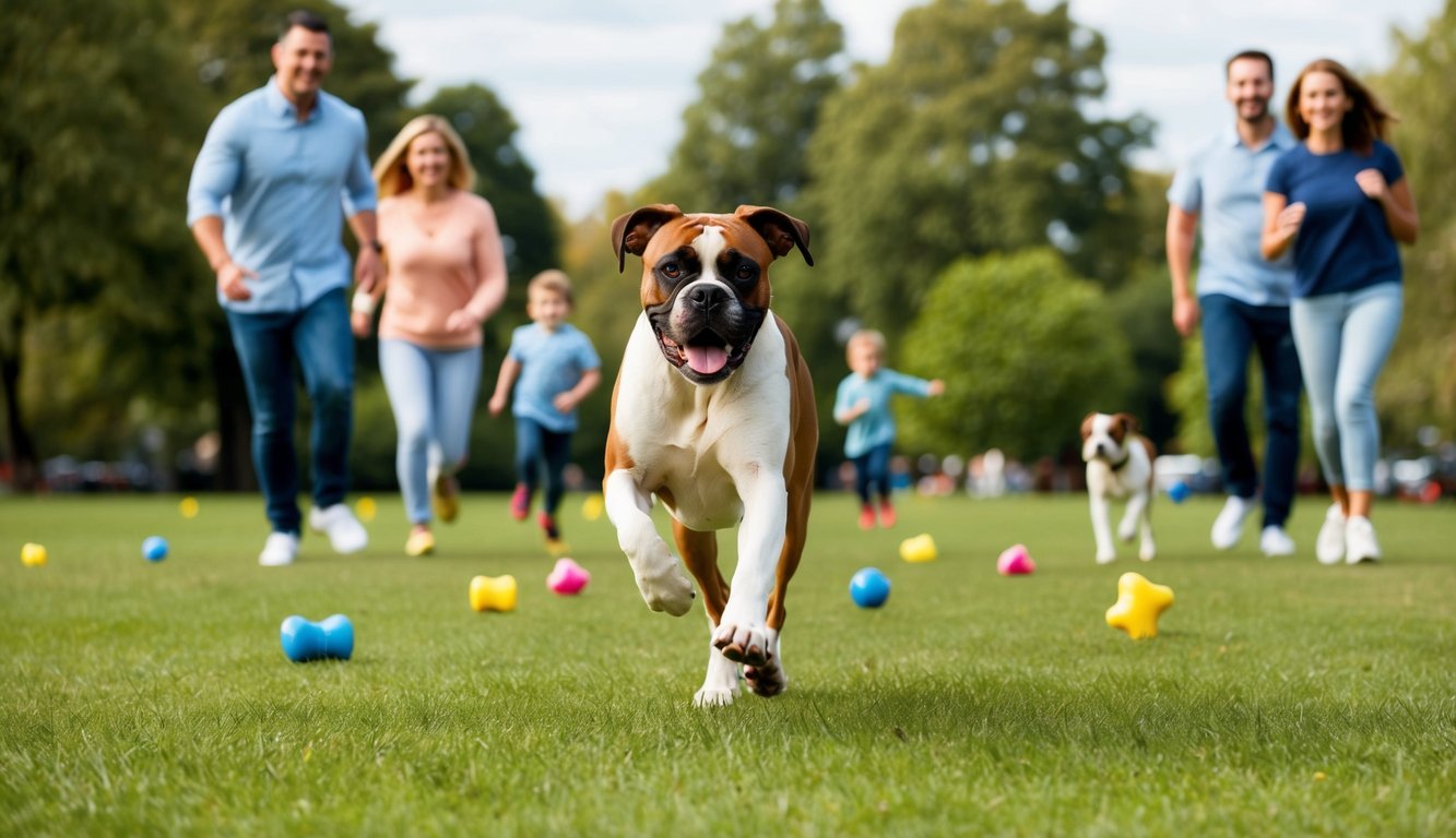A boxer dog running energetically through a park, surrounded by scattered toys and a happy family