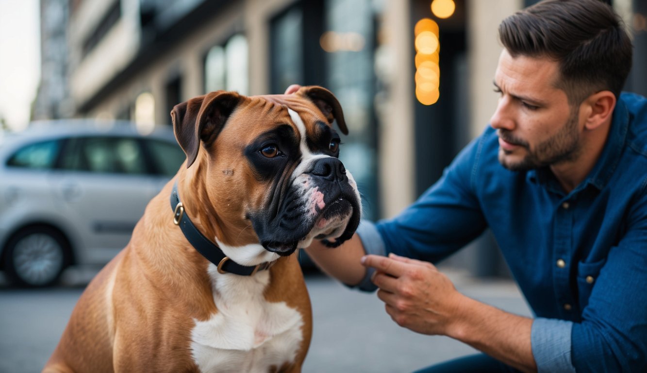 A boxer dog stubbornly refusing to obey commands, while also displaying loyalty and protectiveness towards its owner