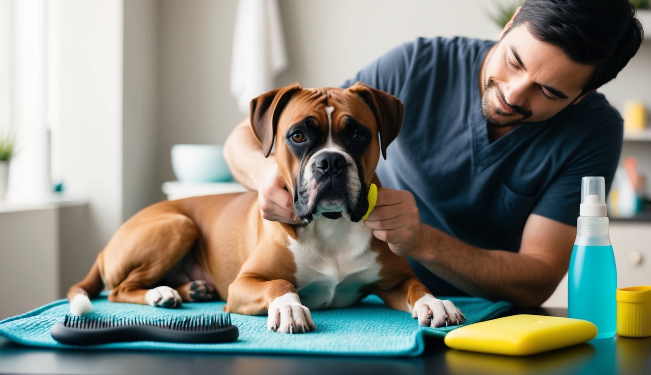 A Boxer dog being brushed by its owner in a relaxed and comfortable setting, with grooming tools and supplies nearby