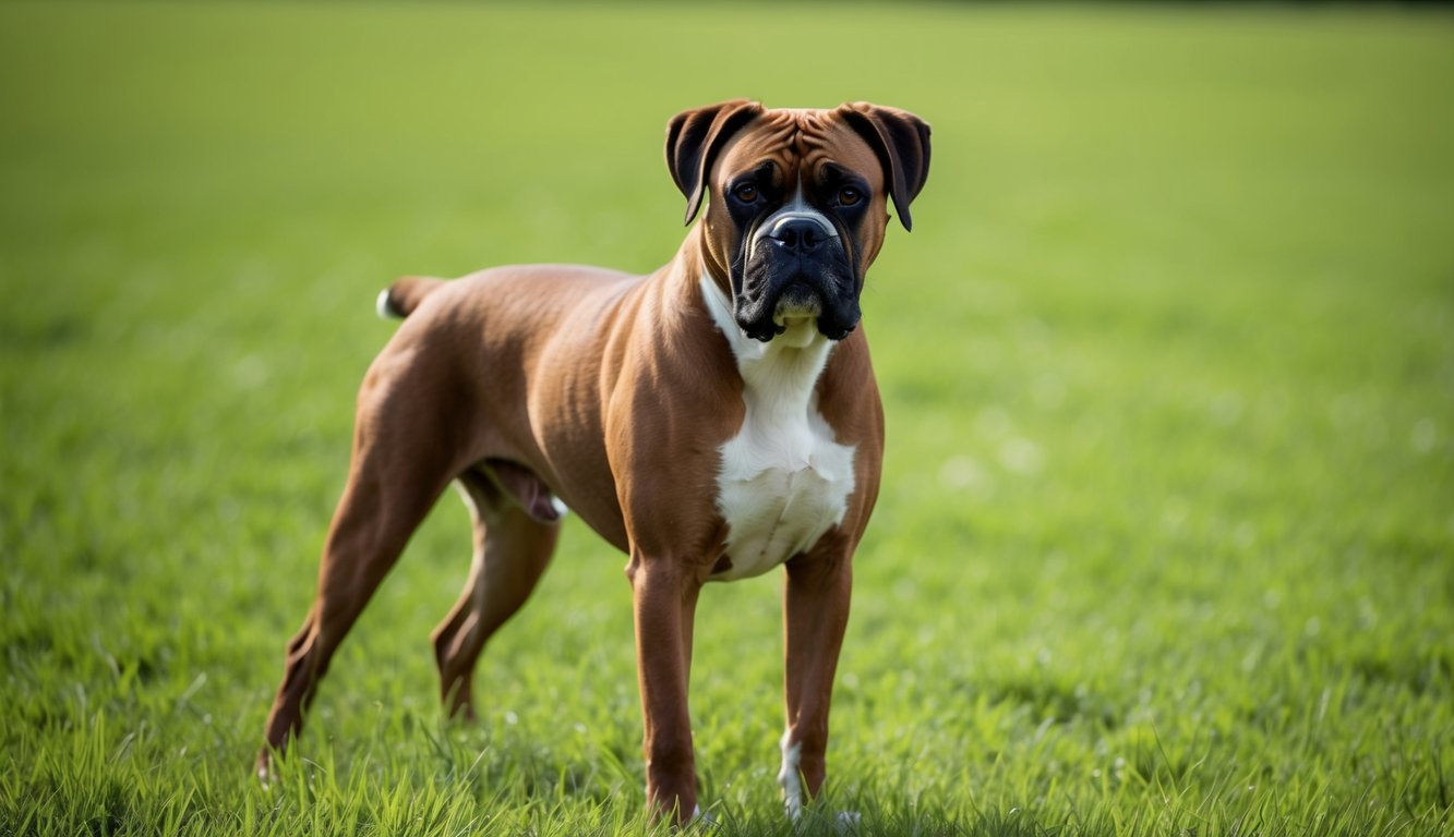A boxer dog stands proudly in a lush green field, alert and watchful. Its muscular frame exudes strength and loyalty, while its expressive face radiates warmth and protectiveness