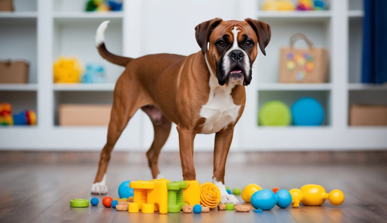 A boxer dog standing proudly, wagging its tail, surrounded by toys and treats. Its expressive face shows both intelligence and playfulness