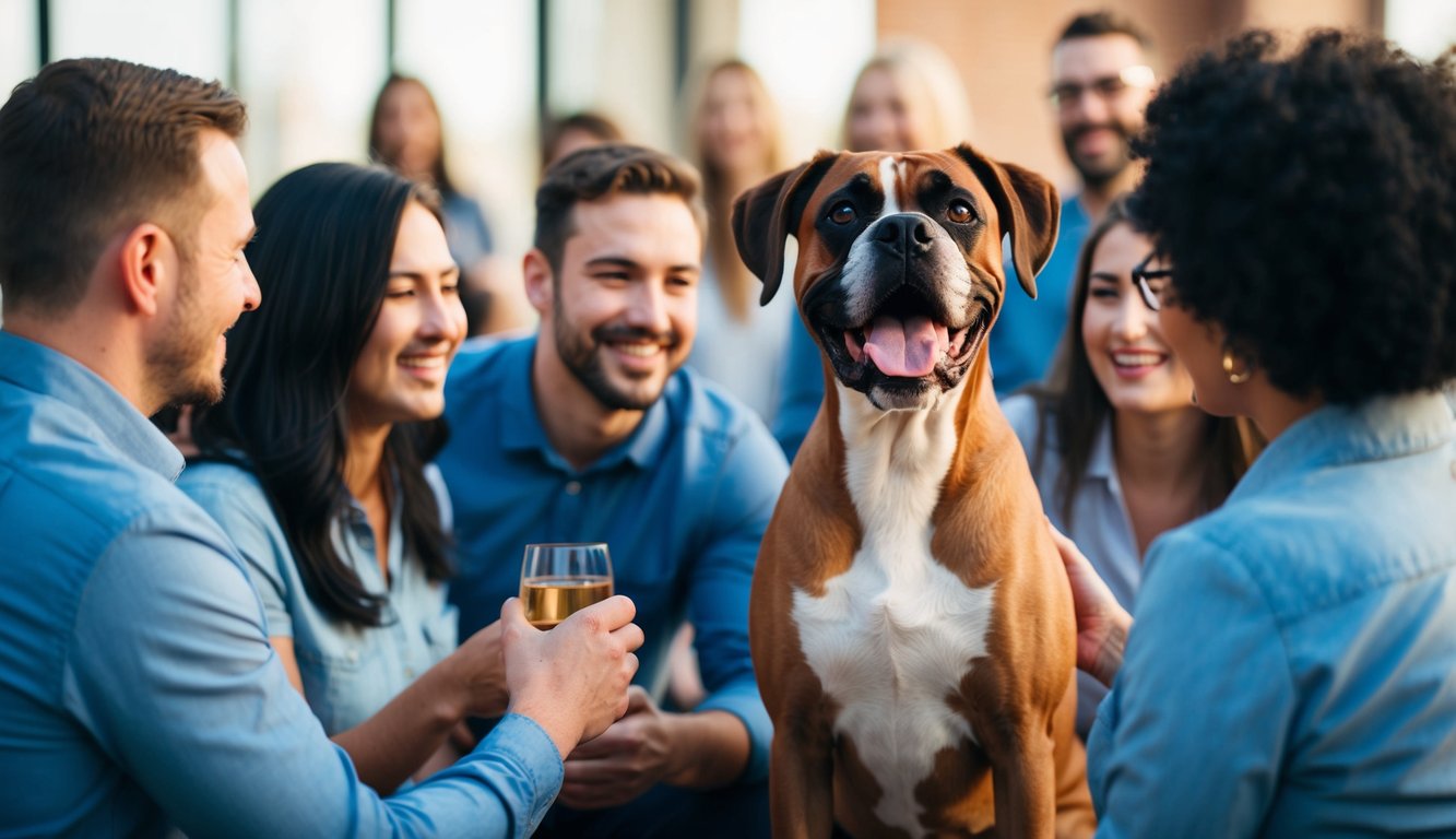 A happy Boxer dog surrounded by a group of people at a social gathering, wagging its tail and receiving attention