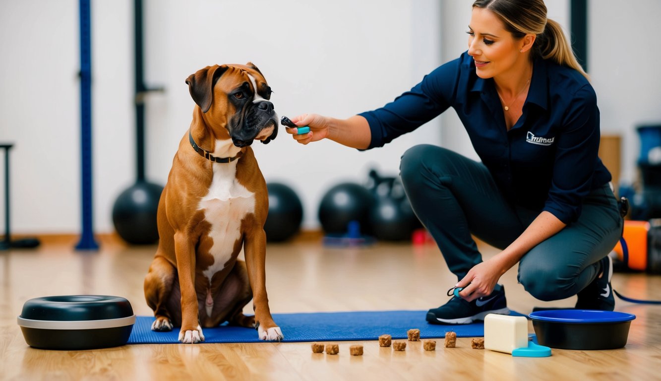 A boxer dog sitting obediently, surrounded by training equipment and treats. A trainer holds a clicker and rewards the dog for following commands