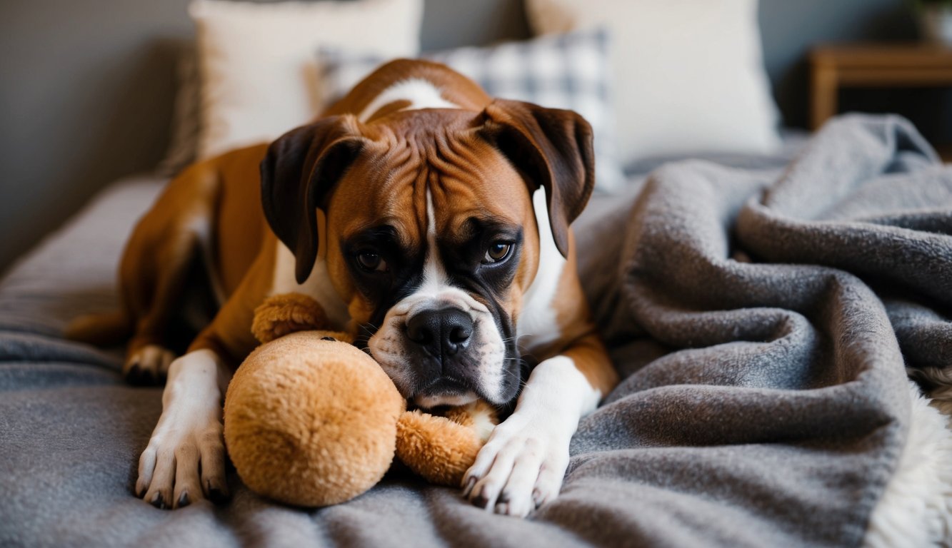 A boxer dog curled up on a cozy blanket, nuzzling a stuffed toy with a content expression