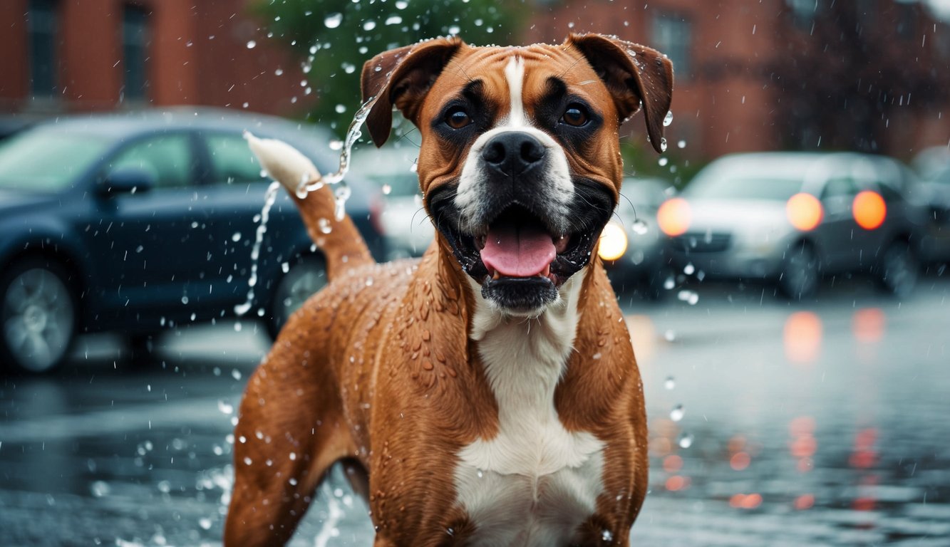 A boxer dog playing in the rain, shaking off water with a happy expression