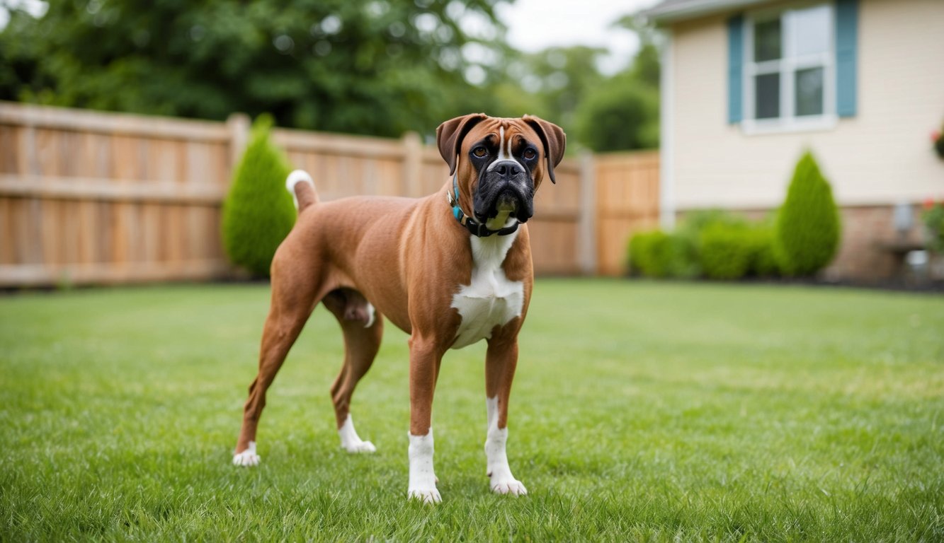 A Boxer dog stands alert in a fenced yard, ears perked and tail wagging, watching over a family's home