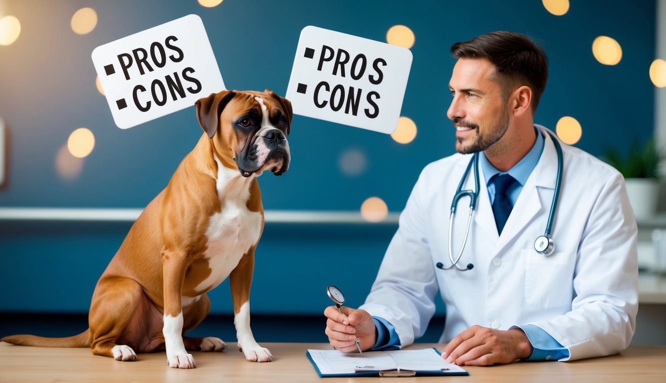 A boxer dog sitting next to a veterinarian, with a list of pros and cons floating above their heads. The vet is holding a stethoscope and the dog is looking alert
